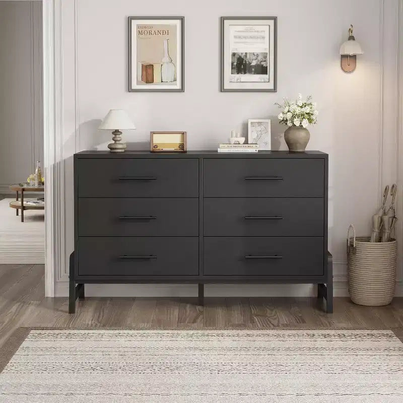 Commode double 6 tiroirs pour chambre à coucher, Meuble de rangement en bois