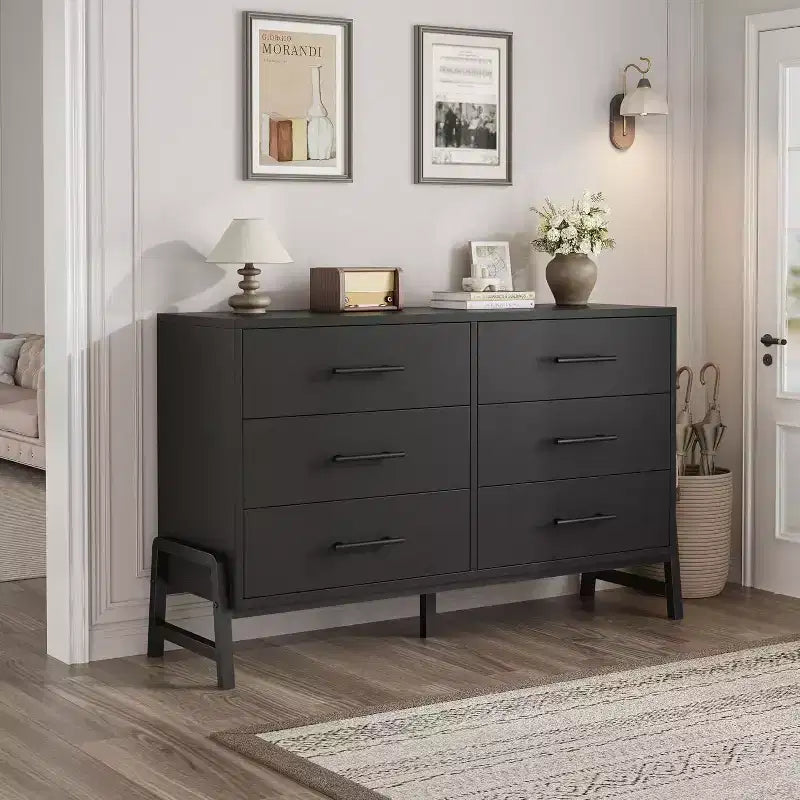 Commode double 6 tiroirs pour chambre à coucher, Meuble de rangement en bois