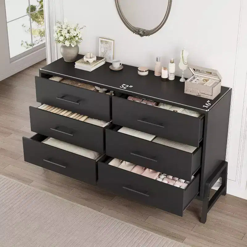 Commode double 6 tiroirs pour chambre à coucher, Meuble de rangement en bois