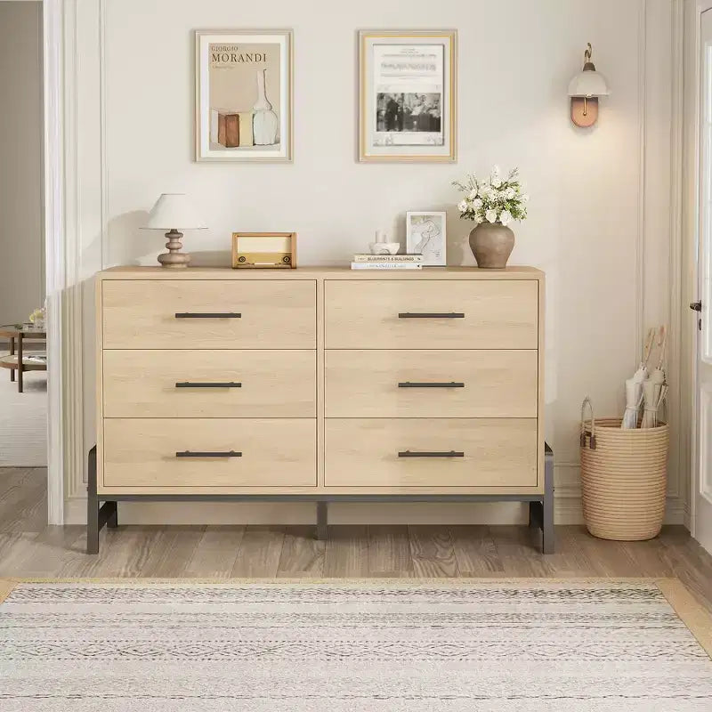 Commode double 6 tiroirs pour chambre à coucher, Meuble de rangement en bois