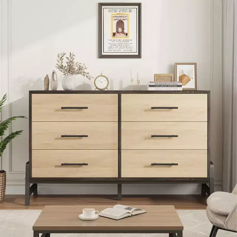 Commode double 6 tiroirs pour chambre à coucher, Meuble de rangement en bois