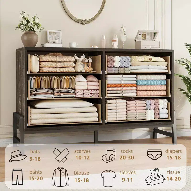 Commode double 6 tiroirs pour chambre à coucher, Meuble de rangement en bois
