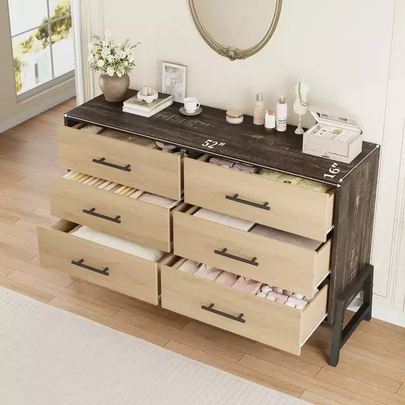 Commode double 6 tiroirs pour chambre à coucher, Meuble de rangement en bois