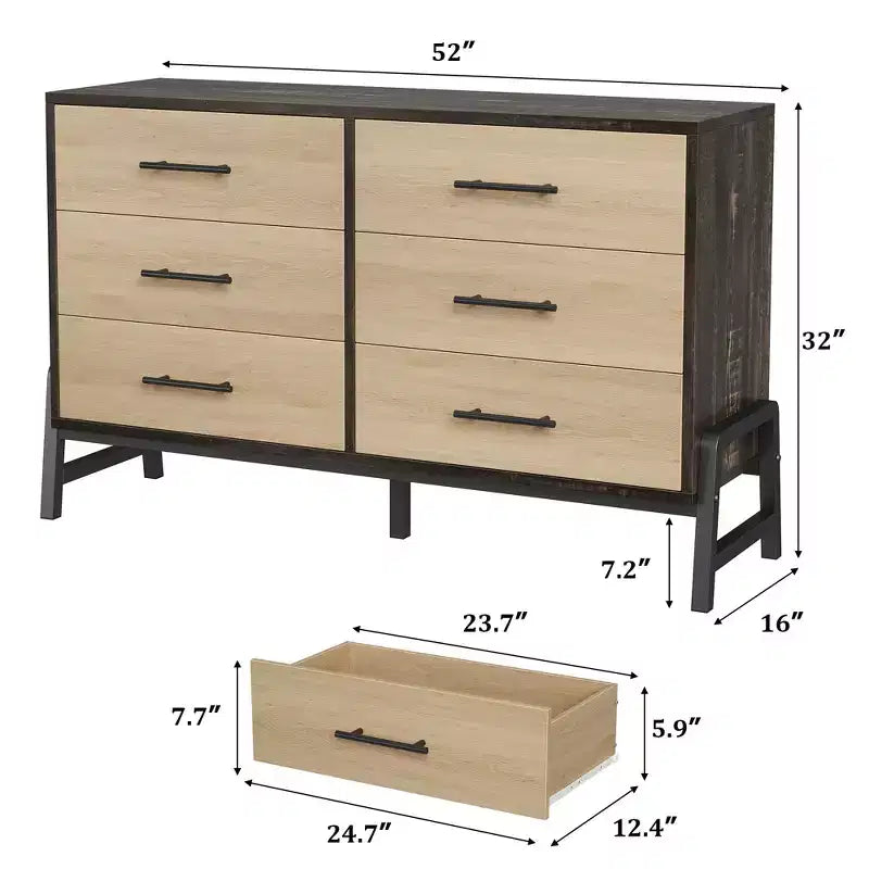 Commode double 6 tiroirs pour chambre à coucher, Meuble de rangement en bois
