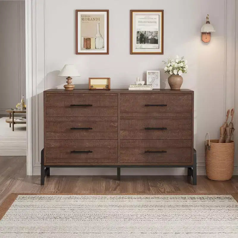 Commode double 6 tiroirs pour chambre à coucher, Meuble de rangement en bois