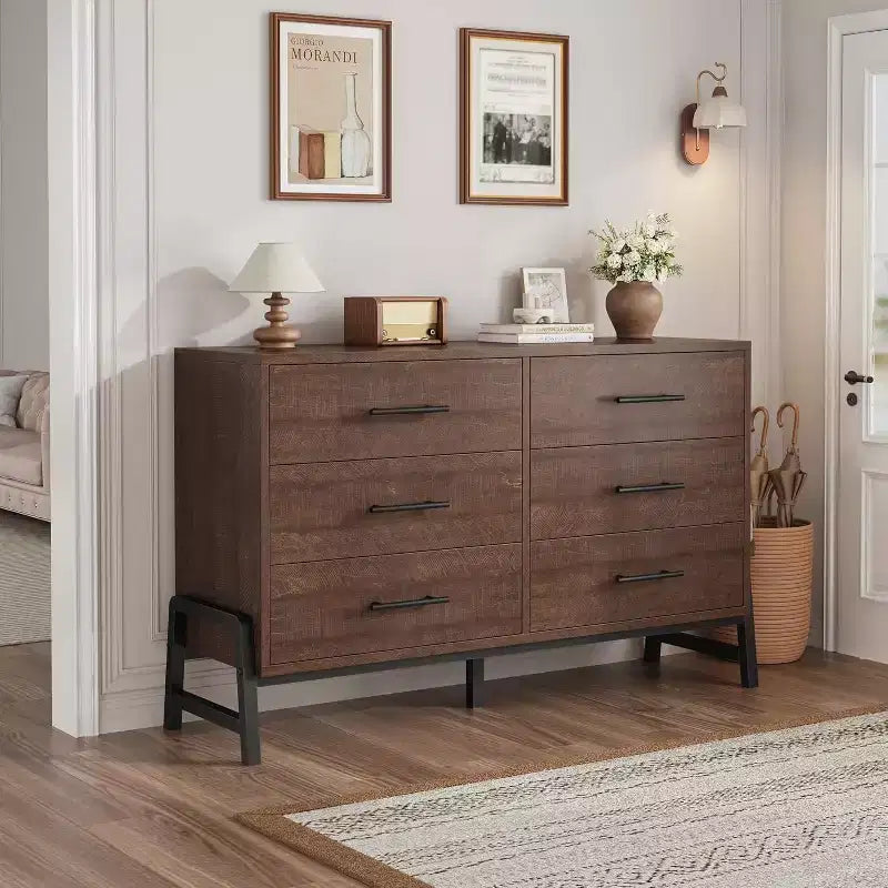 Commode double 6 tiroirs pour chambre à coucher, Meuble de rangement en bois
