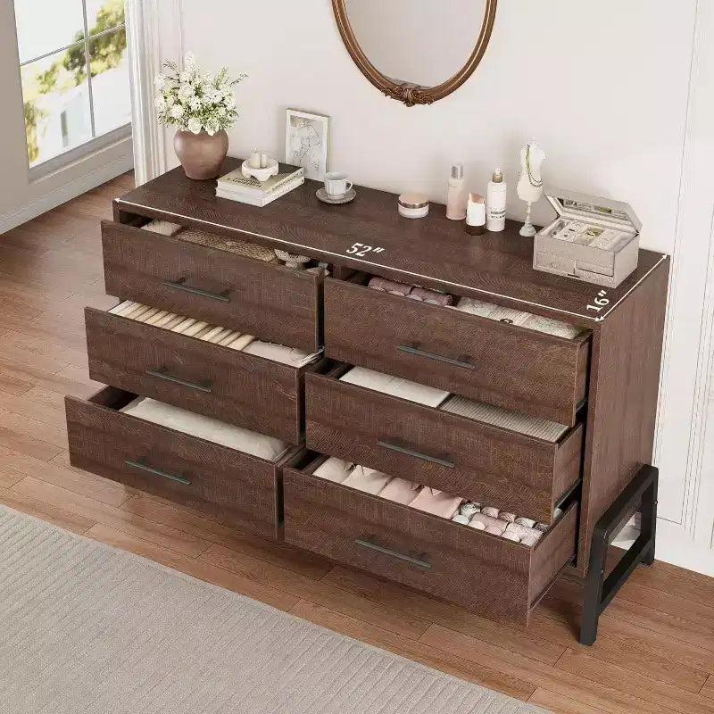 Commode double 6 tiroirs pour chambre à coucher, Meuble de rangement en bois