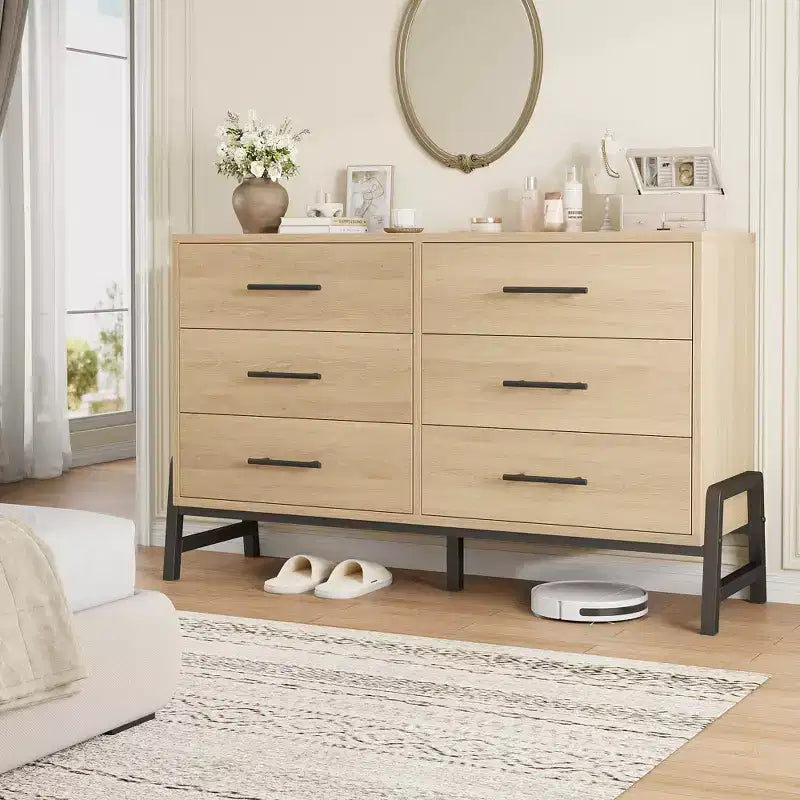 Commode double 6 tiroirs pour chambre à coucher, Meuble de rangement en bois