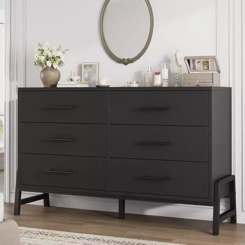 Commode double 6 tiroirs pour chambre à coucher, Meuble de rangement en bois