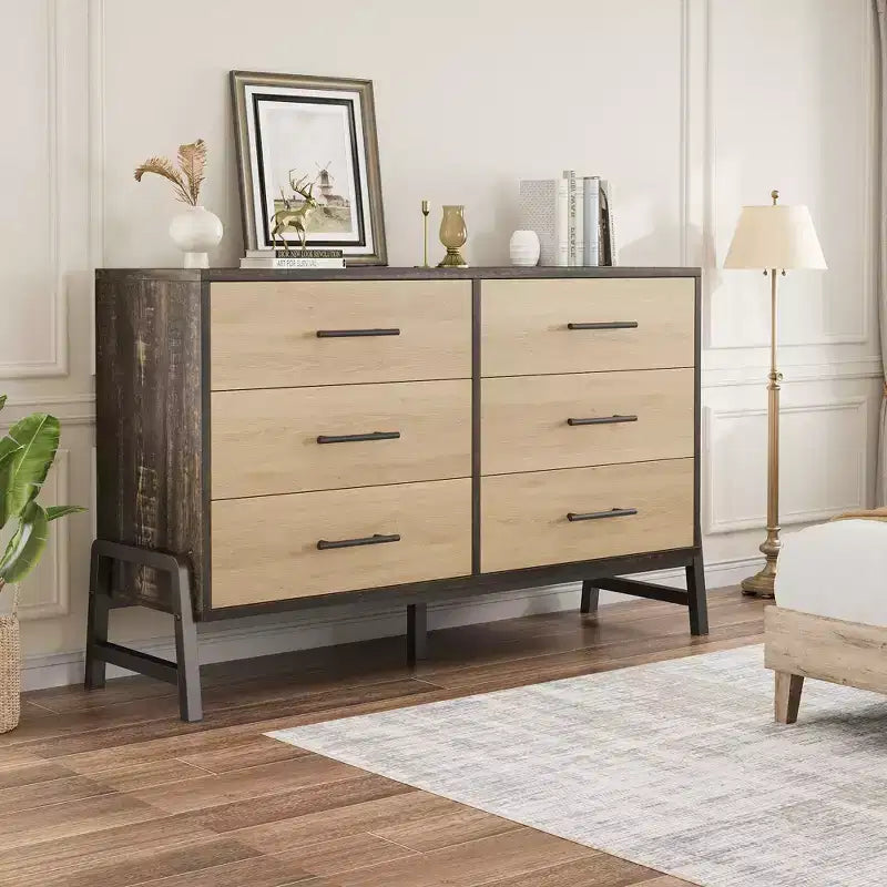 Commode double 6 tiroirs pour chambre à coucher, Meuble de rangement en bois