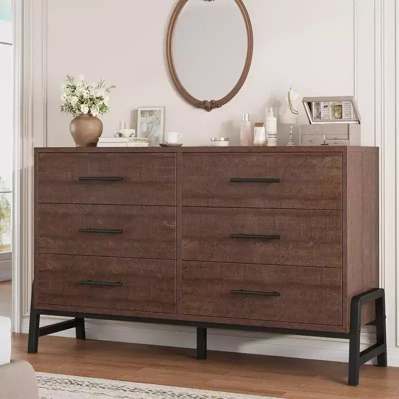 Commode double 6 tiroirs pour chambre à coucher, Meuble de rangement en bois
