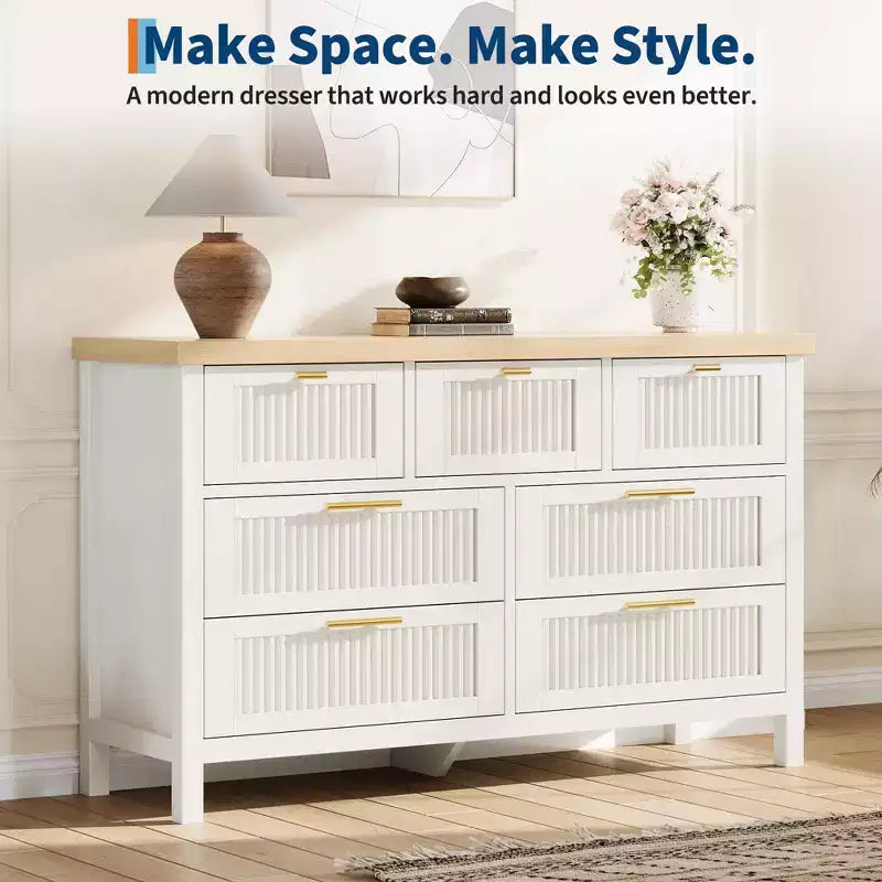 Commode à 7 tiroirs avec façades texturées ; Meuble TV pour téléviseurs ; Coffre de rangement
