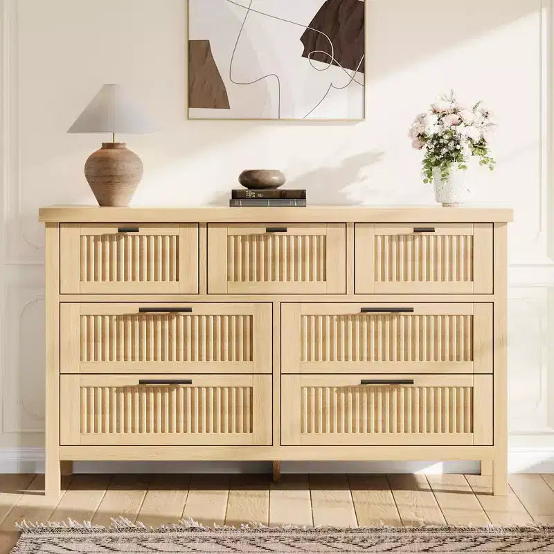 Commode à 7 tiroirs avec façades texturées ; Meuble TV pour téléviseurs ; Coffre de rangement