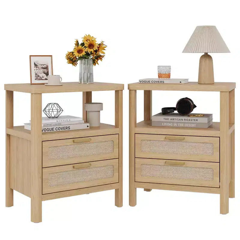COZONY Nightstand Set of 2; Rattan Bedside Tables with Drawers and Storage Shelf; Narrow Farmhouse Side Tables for Bedroom