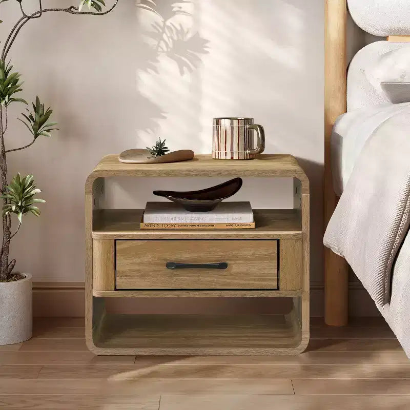 LuxenHome Small Night Stand with Drawer; 15.7 H Light Oak Bedside Table for Bedroom; Living Room Brown