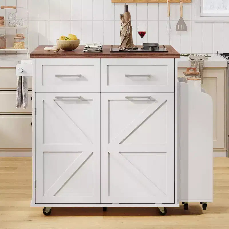 Okak Farmhouse Kitchen Island with Drop Leaf; Kitchen Island Cart with Removable Side Racks and Towel Rack; Kitchen Cart for Home