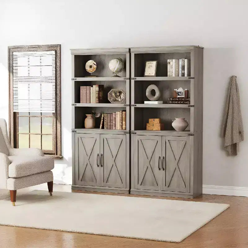 Bibliothèque à 5 étagères avec armoire de rangement ; étagère en bois rustique
