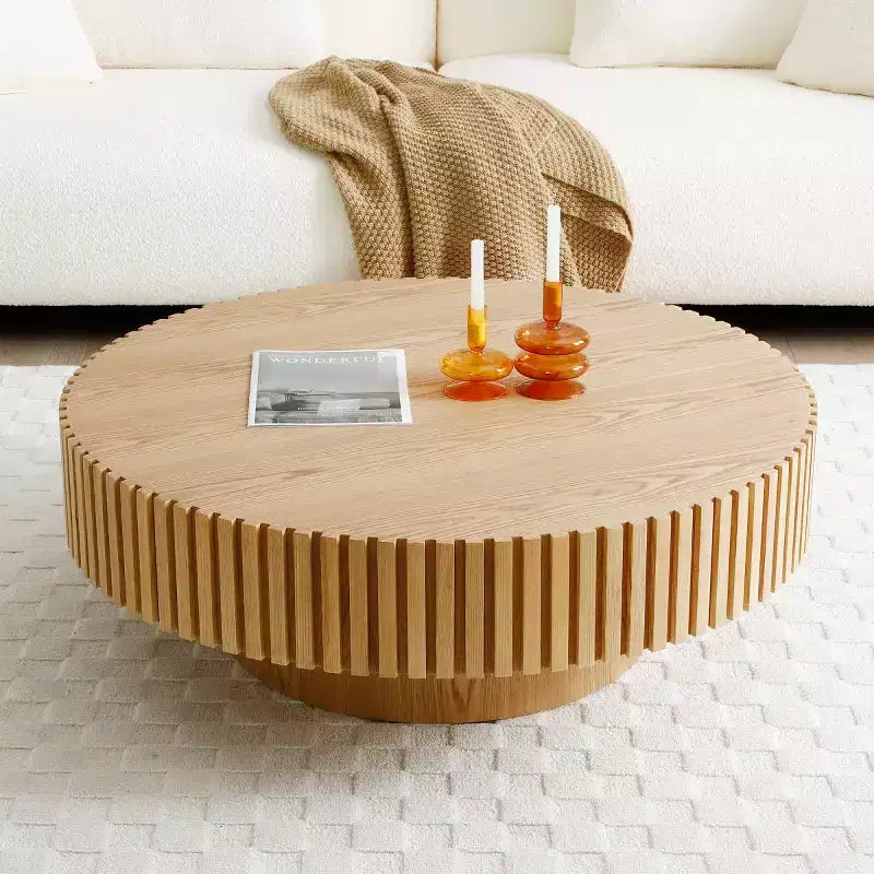 Table Basse Ronde Moderne en Bois MDF Faite à la Main, Table Tambour
