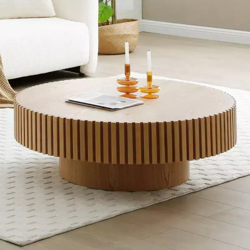 Table Basse Ronde Moderne en Bois MDF Faite à la Main, Table Tambour