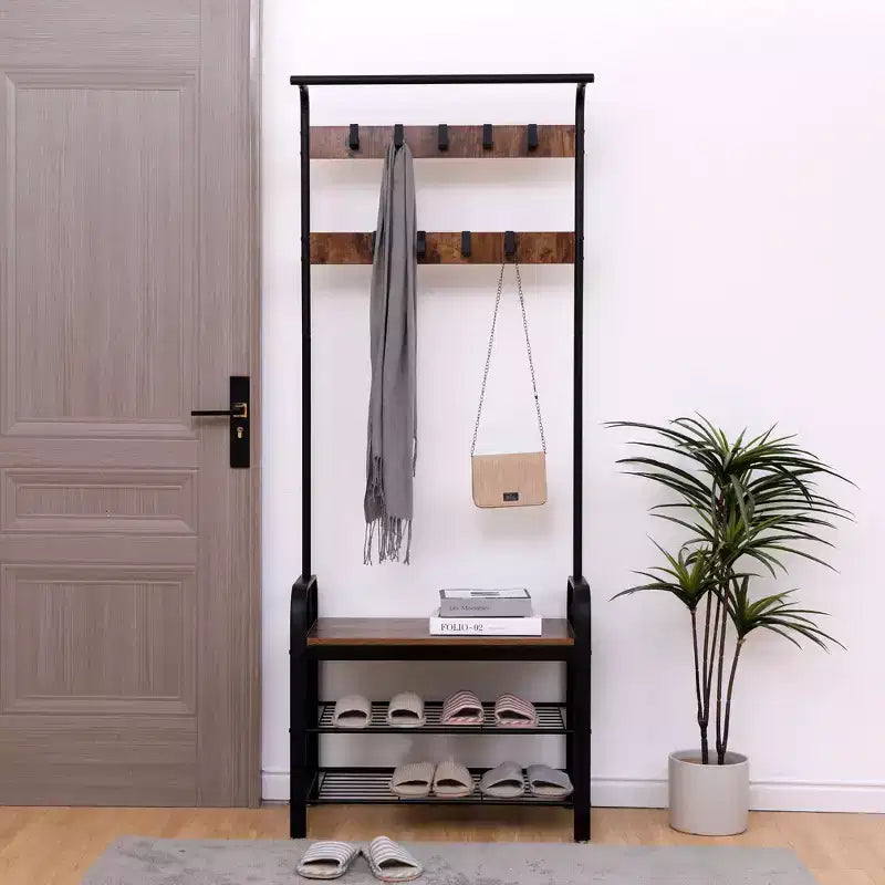 Okak 72.8IN Industrail Coat Rack with Shoe Bench and 9 Removable Hooks; Hall Tree with Hanging Rod; Coat Stand for Living Room; Hallway; Brown