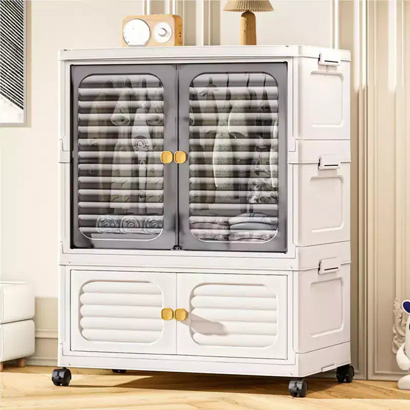 Lidded plastic storage bin; stackable storage boxes; with wheels and hanging rod; door-equipped for home living rooms