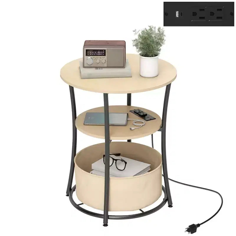 Round Side Table with Charging Station; 3-Tier End Table with Fabric Storage Bag and Shelf