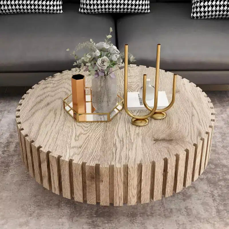 Table basse ronde moderne ; Table centrale texturée en bois