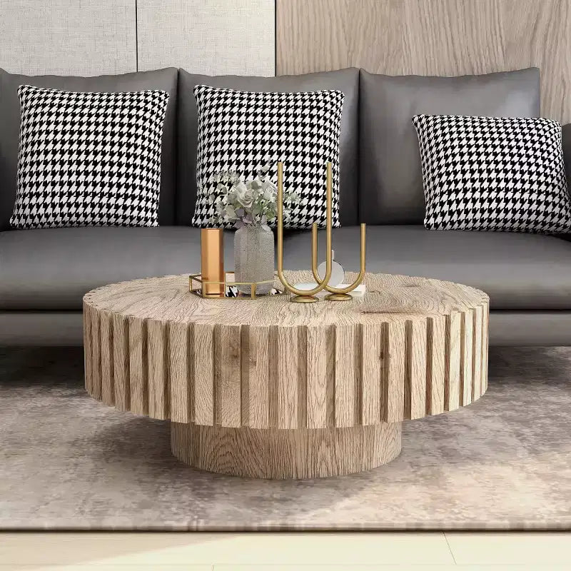 Table basse ronde moderne ; Table centrale texturée en bois