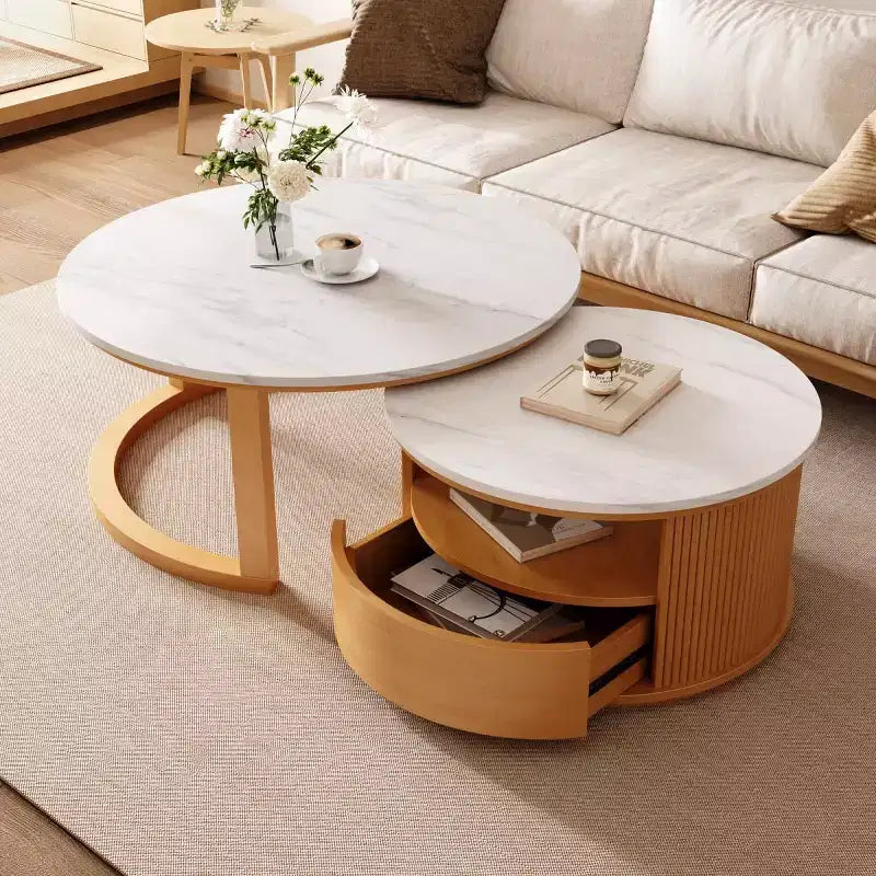 29.5 Modern Nesting Coffee Table with Storage and Marble-Pattern Top; 2-Tier Center Table for Living Rooms or Apartments - Panipeachy