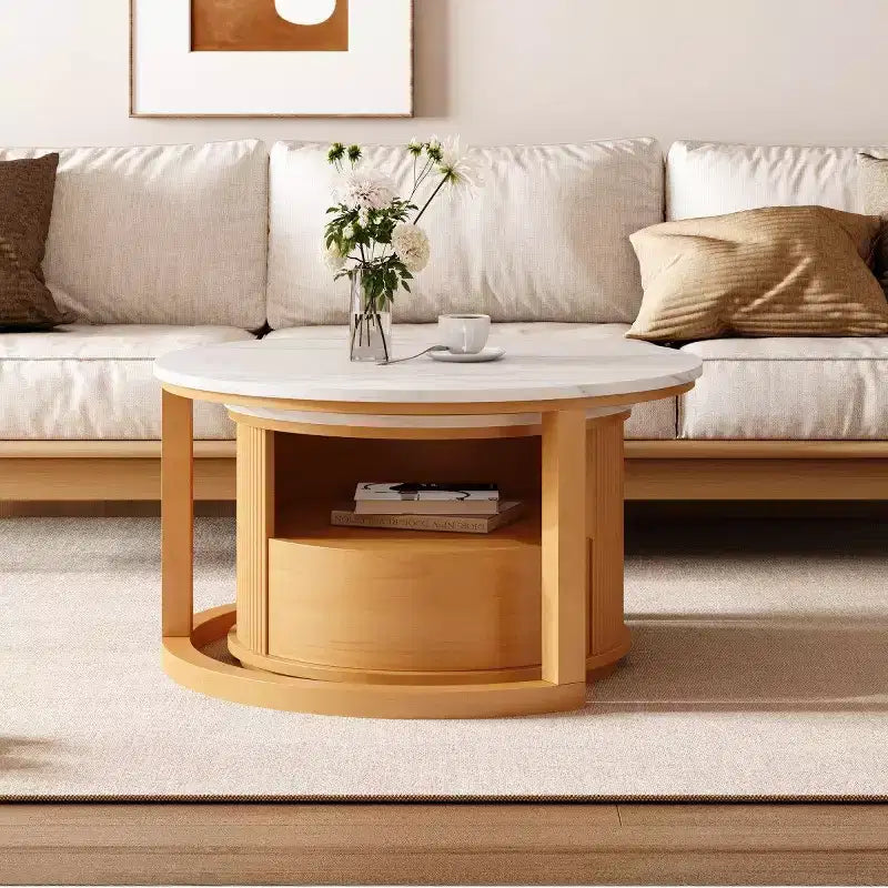 Table basse gigogne moderne avec rangement et plateau motif marbre