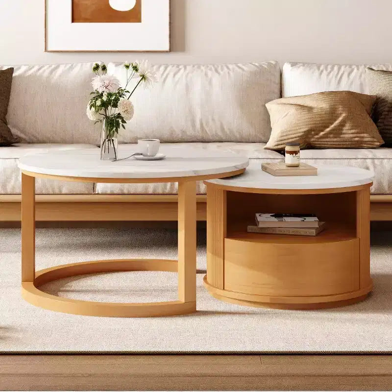 Table basse gigogne moderne avec rangement et plateau motif marbre
