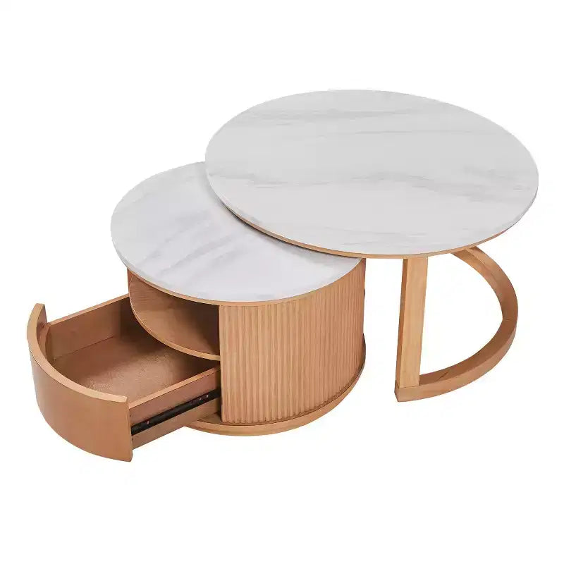 Table basse gigogne moderne avec rangement et plateau motif marbre