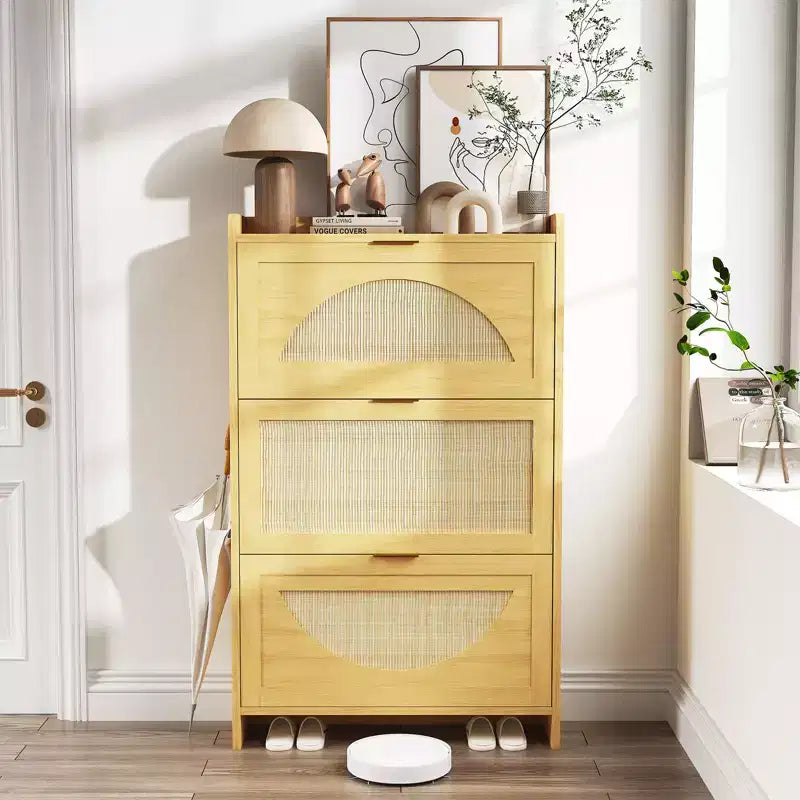 Rattan Shoe Storage Cabinet with 3 Flip Drawers; Free Standing Wooden Shoe Storage Organizer Cabinet