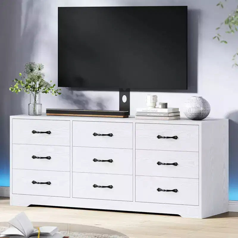 Meuble TV en bois avec support pour téléviseurs et 9 tiroirs