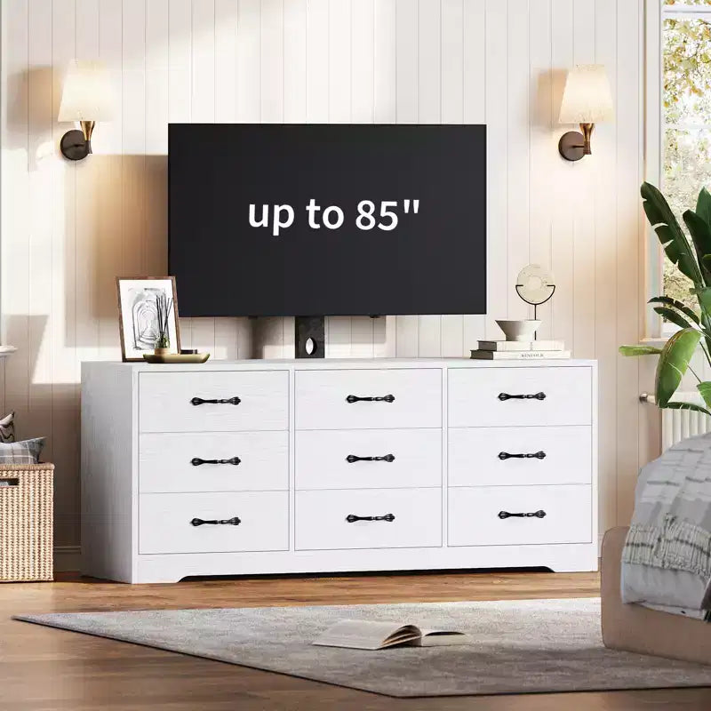 Meuble TV en bois avec support pour téléviseurs et 9 tiroirs