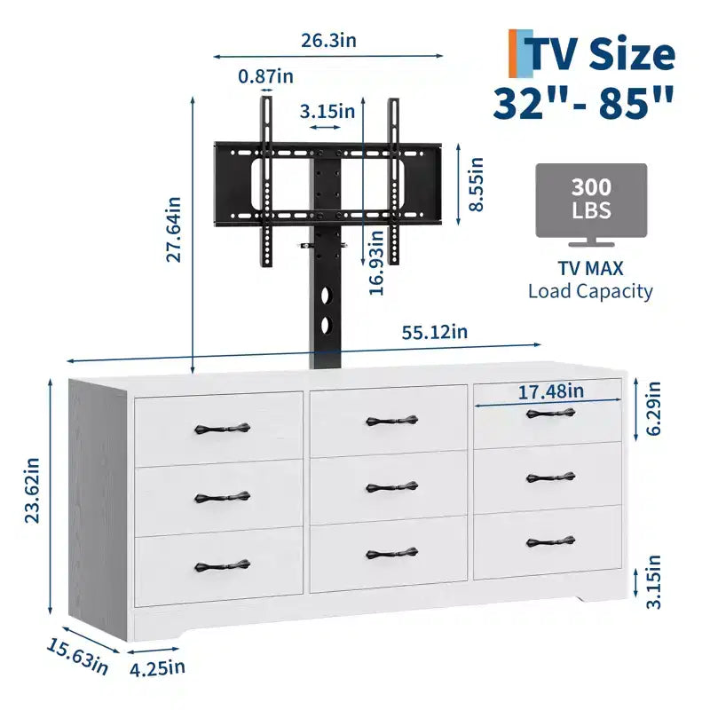 Meuble TV en bois avec support pour téléviseurs et 9 tiroirs