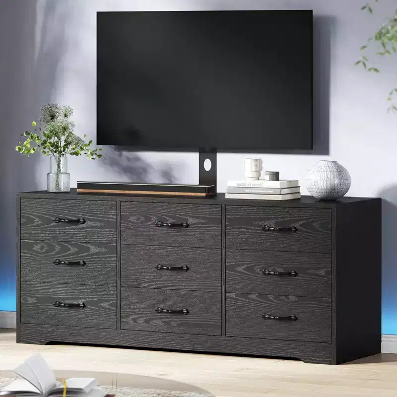 Meuble TV en bois avec support pour téléviseurs et 9 tiroirs