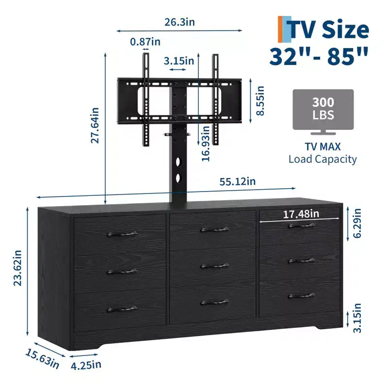 Meuble TV en bois avec support pour téléviseurs et 9 tiroirs