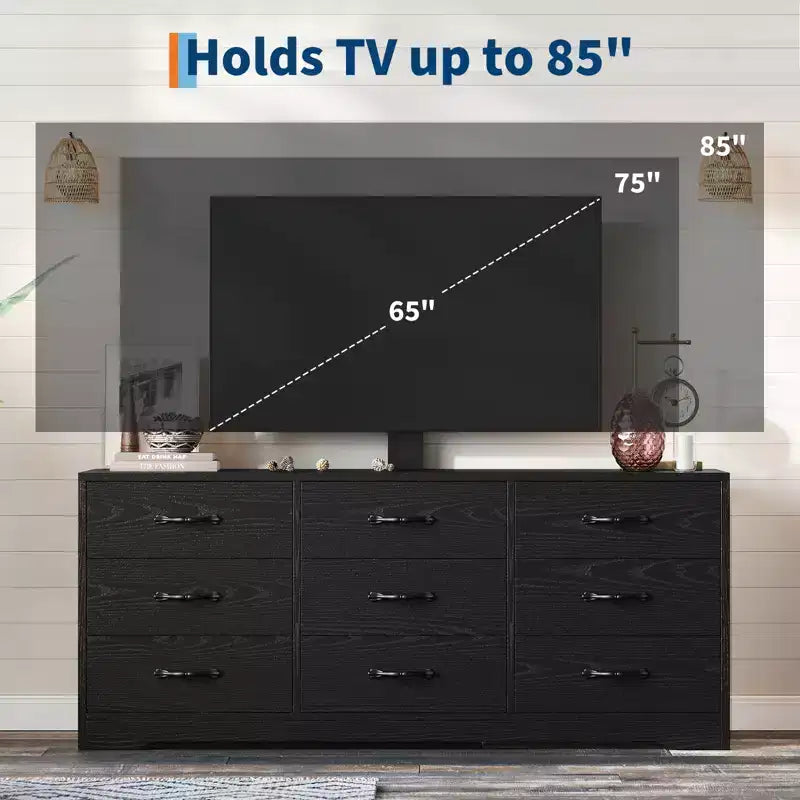 Meuble TV en bois avec support pour téléviseurs et 9 tiroirs