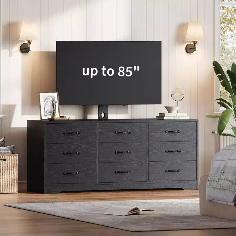 Meuble TV en bois avec support pour téléviseurs et 9 tiroirs