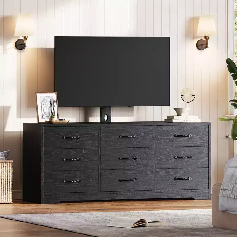 Wood TV Stand with Mount for TVs Up to 85; Entertainment Center with 9 Drawers; Adjustable Height Media Console
