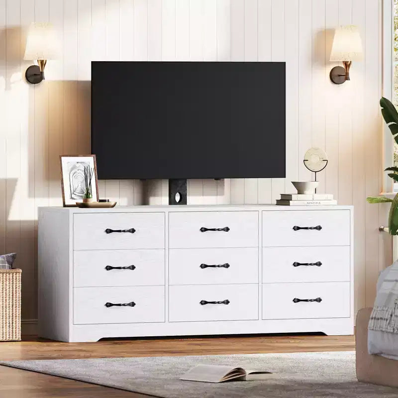 Meuble TV en bois avec support pour téléviseurs et 9 tiroirs