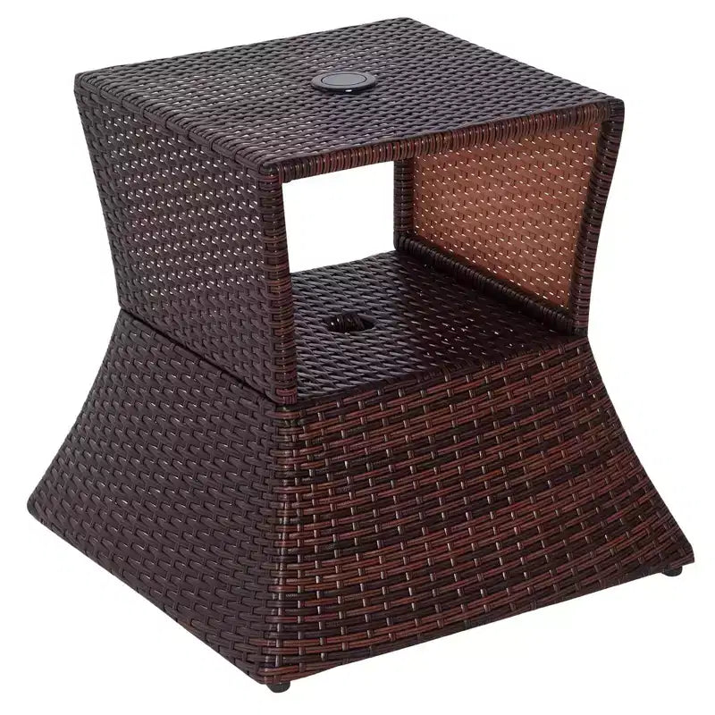 Outdoor Side Table with Umbrella Hole; 2 Tier Rattan Wicker End Table with Storage Shelf; All Weather for Outdoor; Patio; Garden