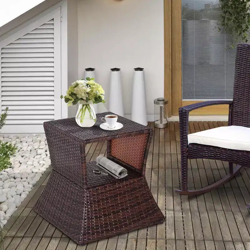 Table d'appoint d'extérieur avec trou pour parasol ; Étagère de table d'appoint en rotin à 2 niveaux