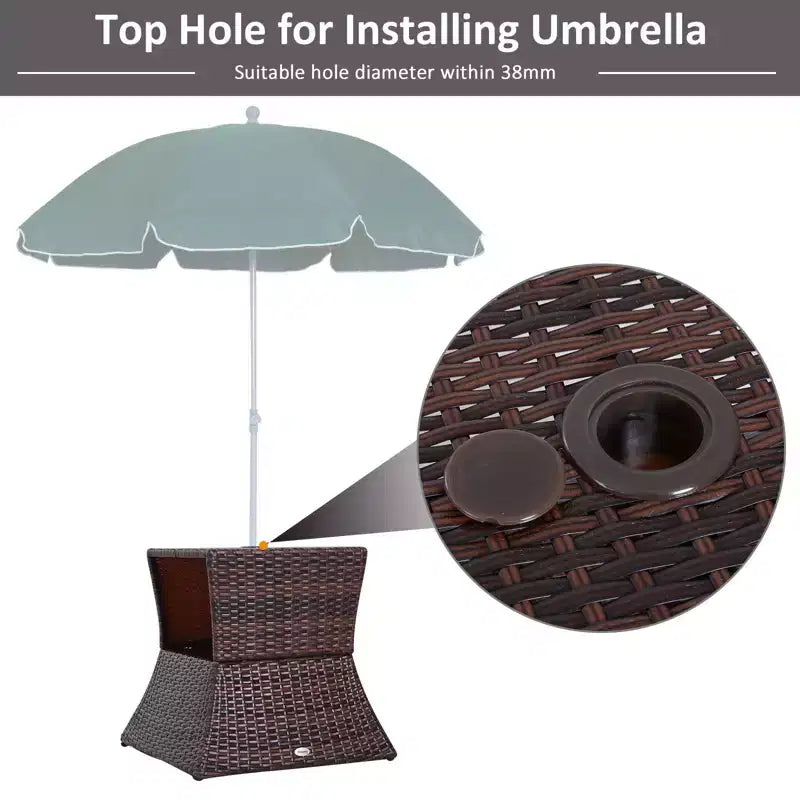 Table d'appoint d'extérieur avec trou pour parasol ; Étagère de table d'appoint en rotin à 2 niveaux