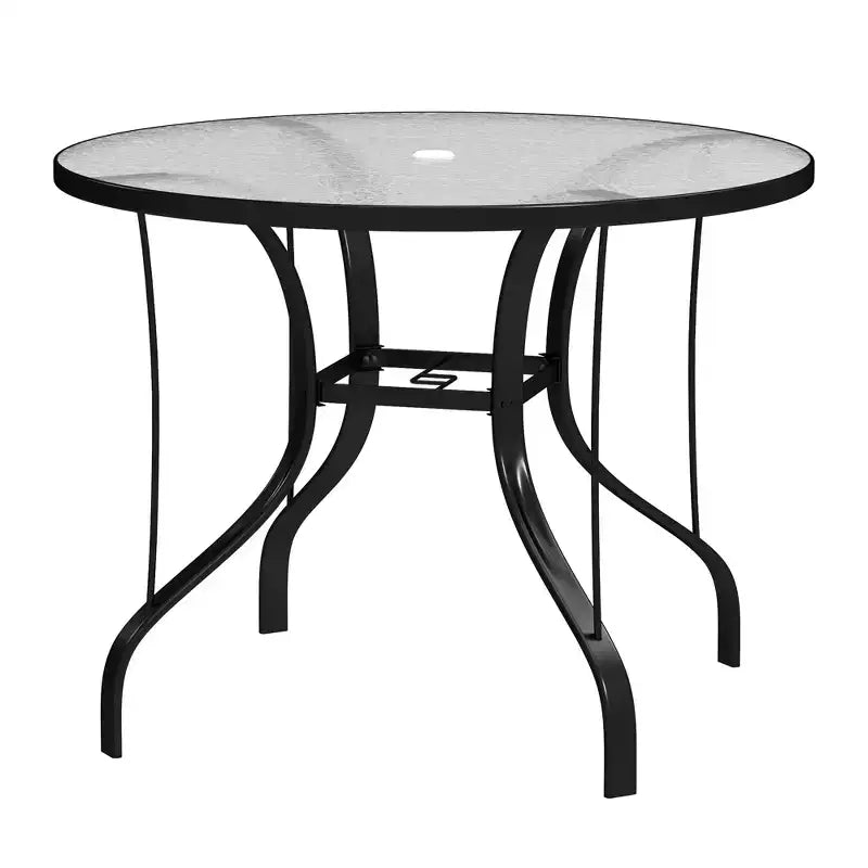 38 Round Patio Table with Umbrella Hole; Tempered Glass Outdoor Dining Table