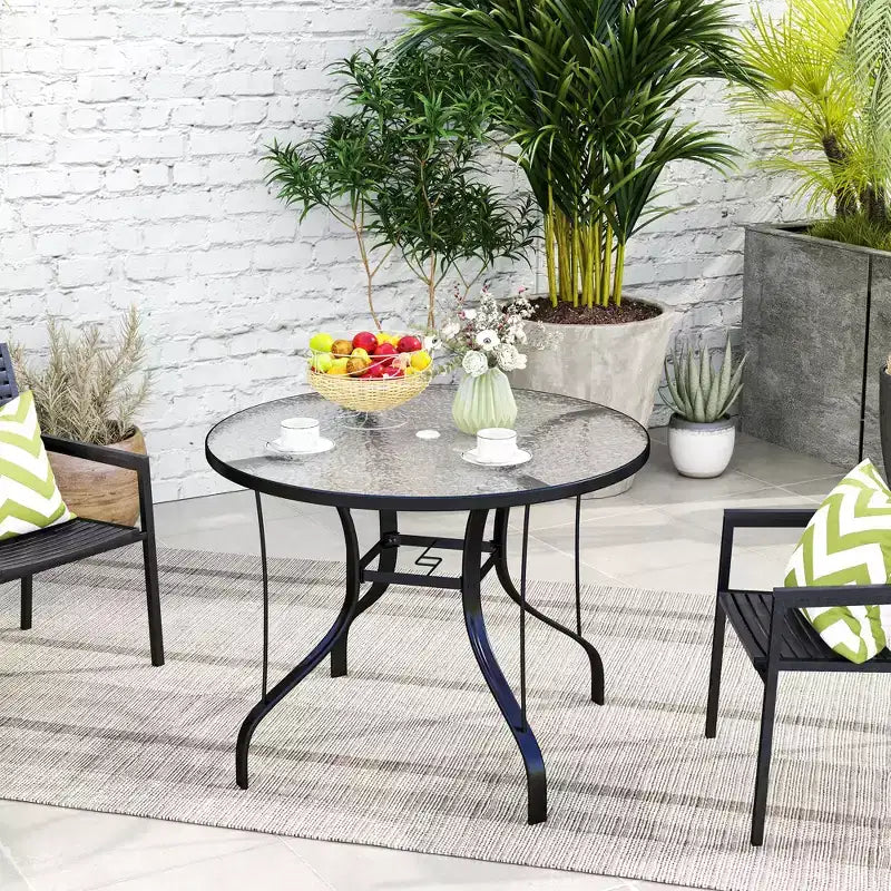 Table de patio ronde de 38 pouces avec trou pour parasol; Table de salle à manger extérieure en verre trempé