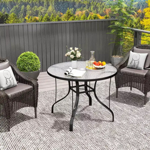 Table de patio ronde de 38 pouces avec trou pour parasol; Table de salle à manger extérieure en verre trempé