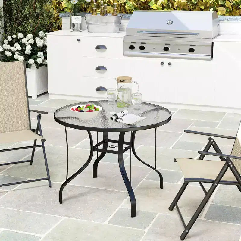 Table de patio ronde de 38 pouces avec trou pour parasol; Table de salle à manger extérieure en verre trempé