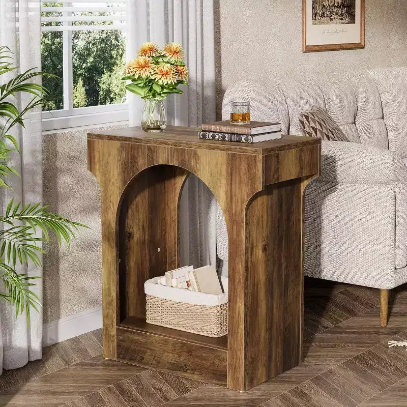 Table d'appoint Wood End avec espace de rangement, table de chevet étroite